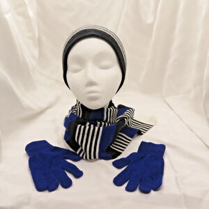 Kids Knit Beanie Hat, Gloves & Scarf Set Black White Blue Striped 100% Acrylic